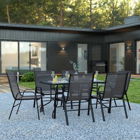 Flash Furniture 7PC Patio Set-55" Glass Table, 6 Black Chairs TLH-089REC-303CBK6-GG